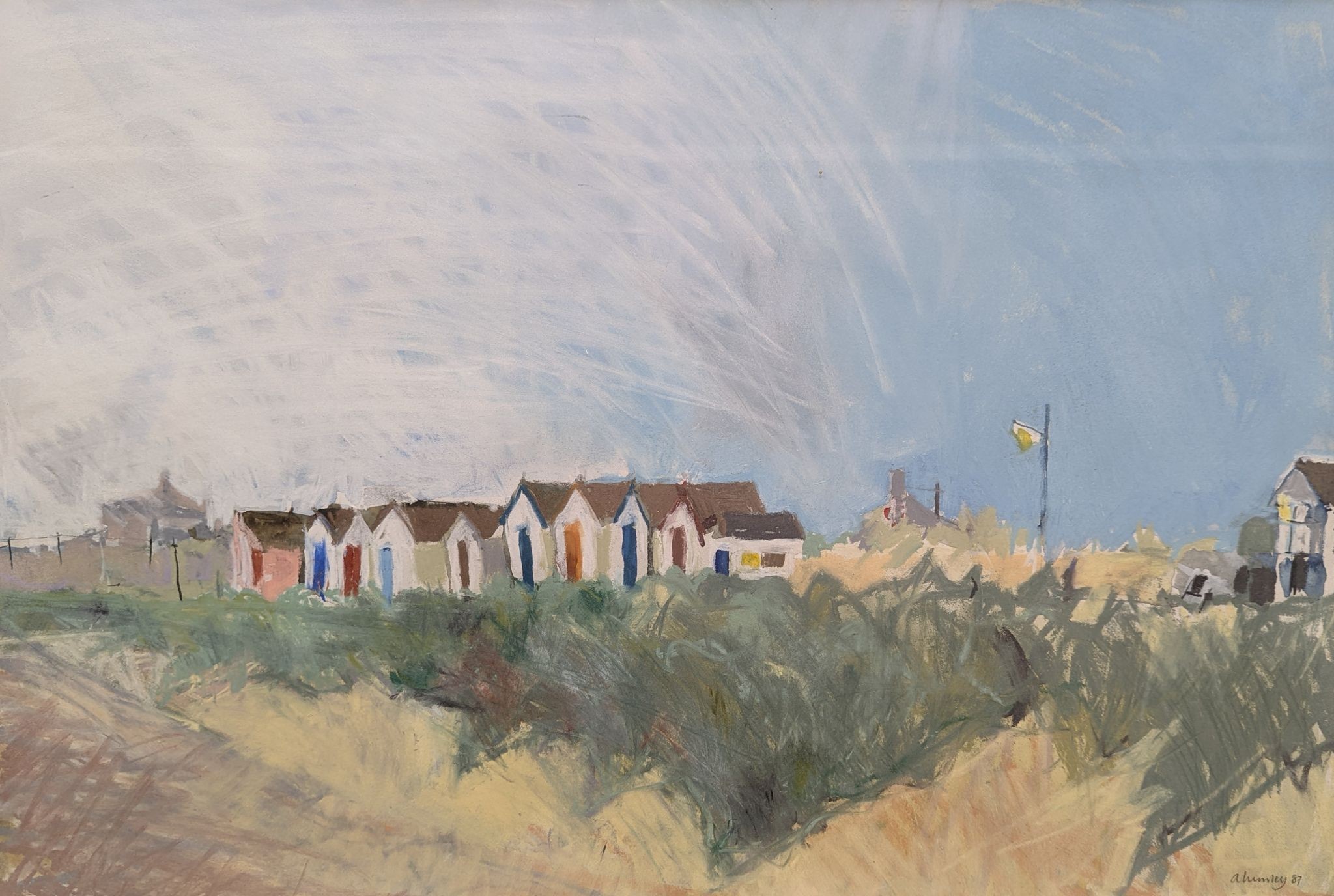 Alexander Lumley (b.1958), watercolour and pastel, 'Beach Huts, Southwold, Suffolk', signed and dated '87, Grafton Gallery label verso, 37 x 55cm